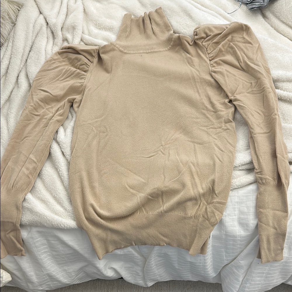 Elegant Tan Turtleneck Sweater with Puff Shoulder